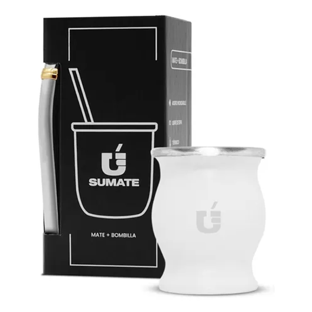 Mate Termico Acero Inoxidable Mas Bombilla Premium Color Copa Blanco