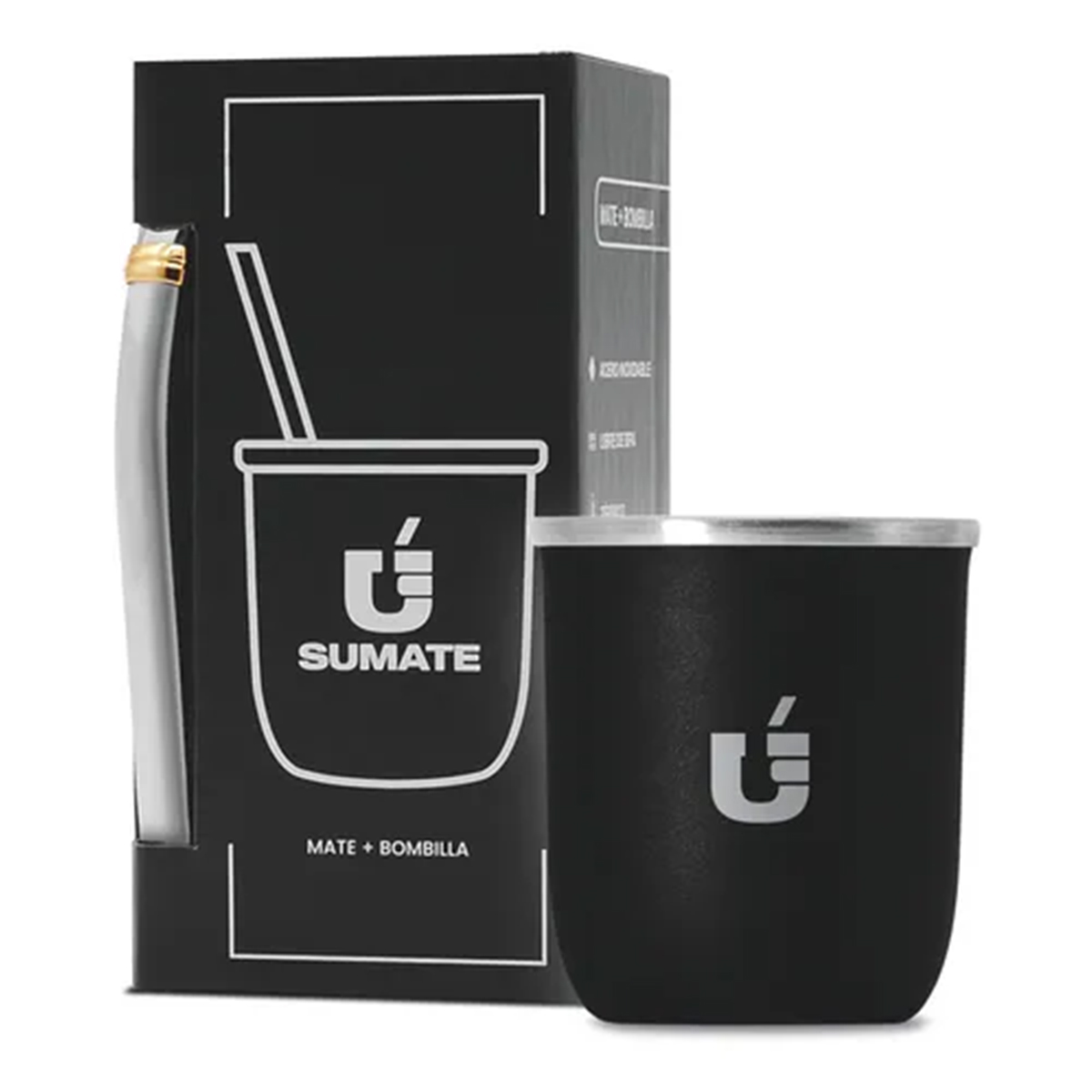 Mate Termico Acero Inoxidable Mas Bombilla Premium Color Viajero Negro