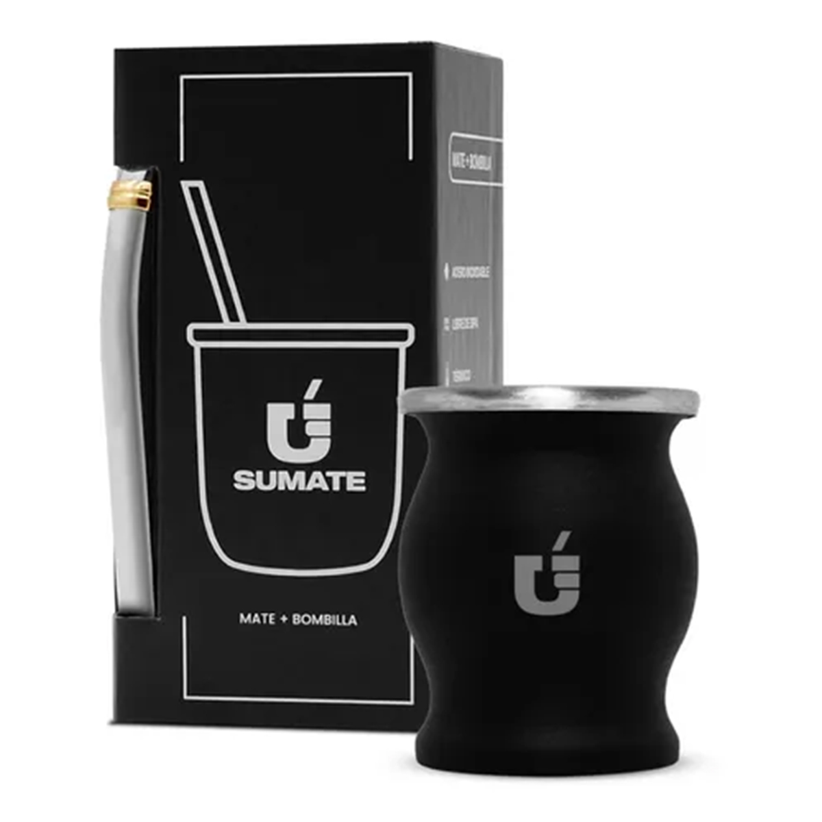Mate Termico Sumate Acero Inoxidable Mas Bombilla Premium Color Copa Negro