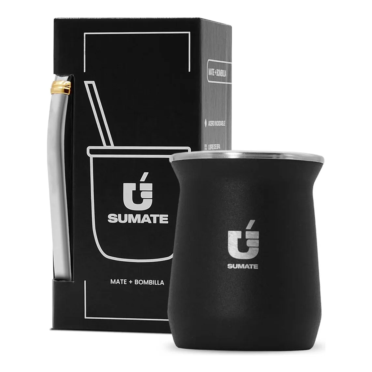 Mate Termico Sumate Acero Inoxidable Mas Bombilla Premium Color King Negro