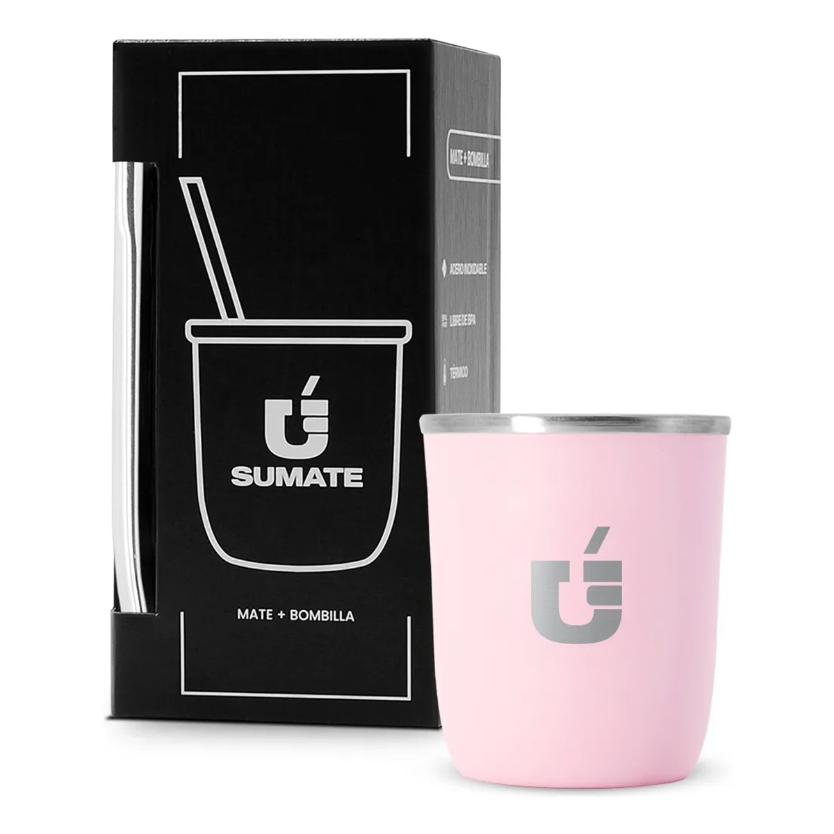 Mate Termico Sumate Acero Inoxidable Mas Bombilla Premium Color Rosa